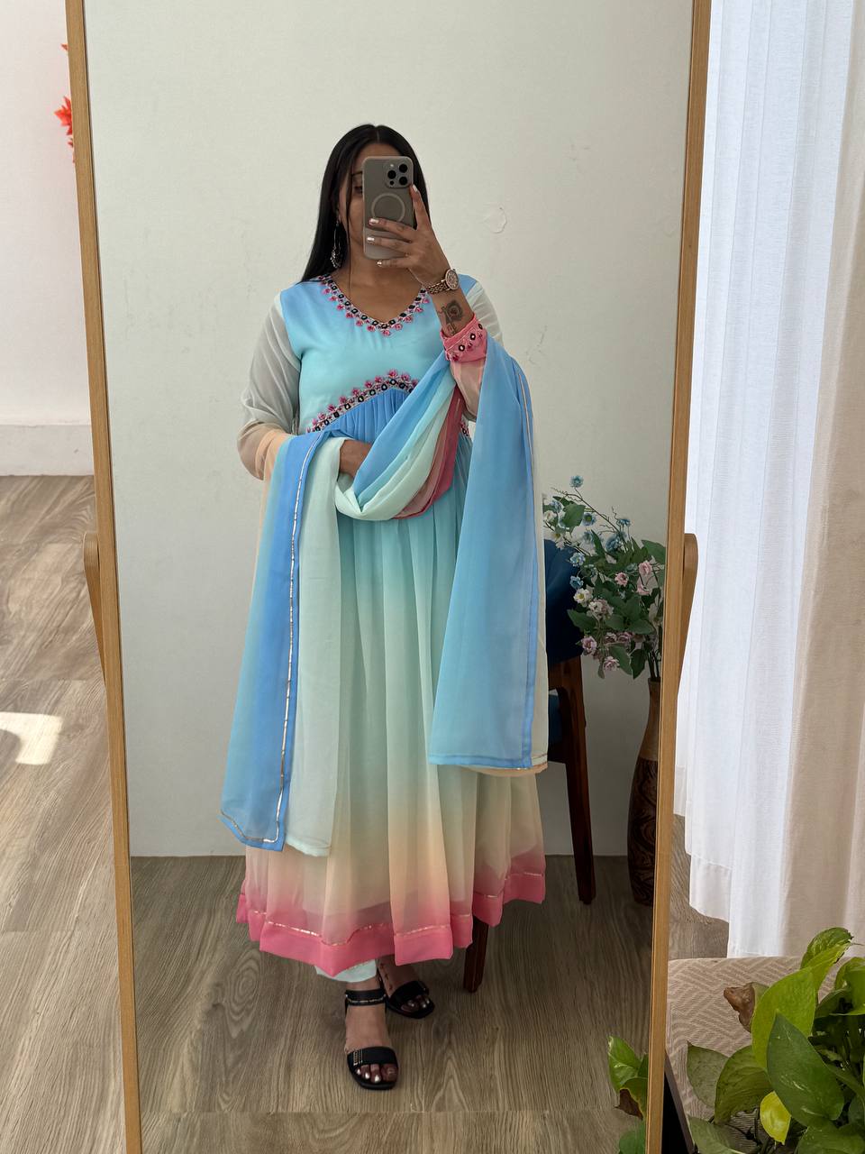 Multi Color Long Anarkali Flared Gown Set