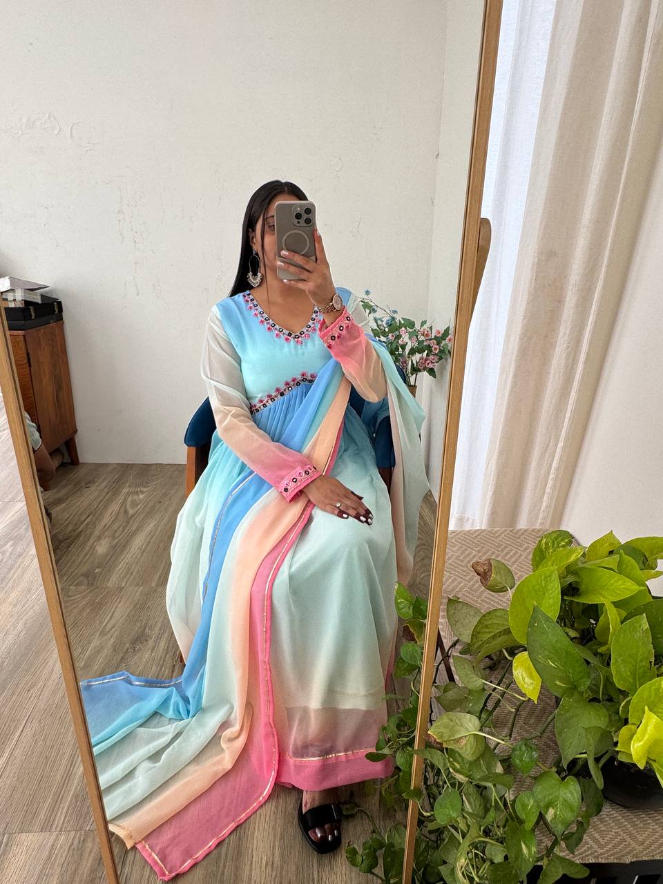 Multi Color Long Anarkali Flared Gown Set