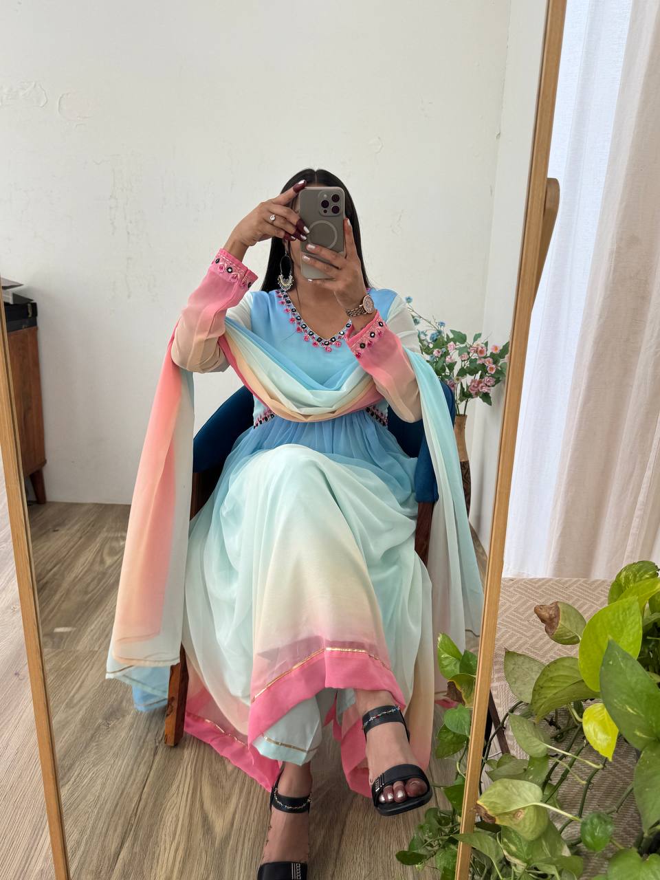Multi Color Long Anarkali Flared Gown Set