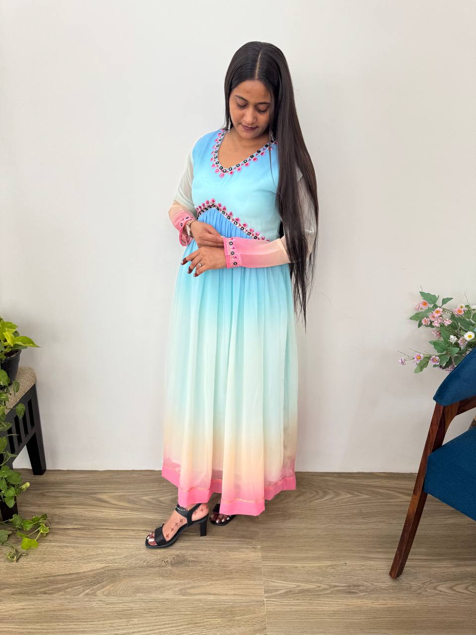 Multi Color Long Anarkali Flared Gown Set