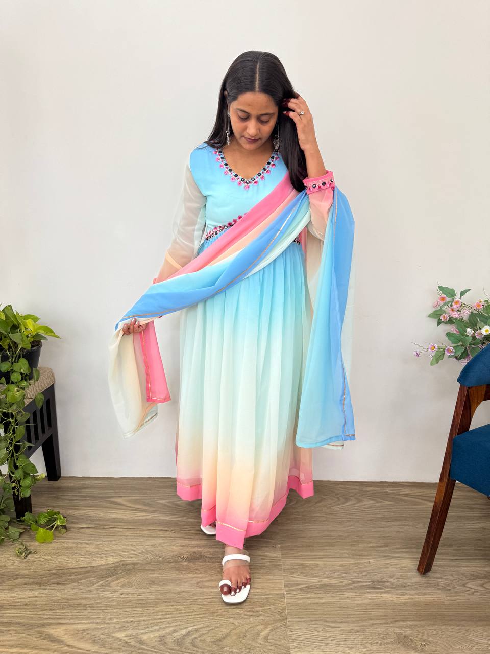 Multi Color Long Anarkali Flared Gown Set