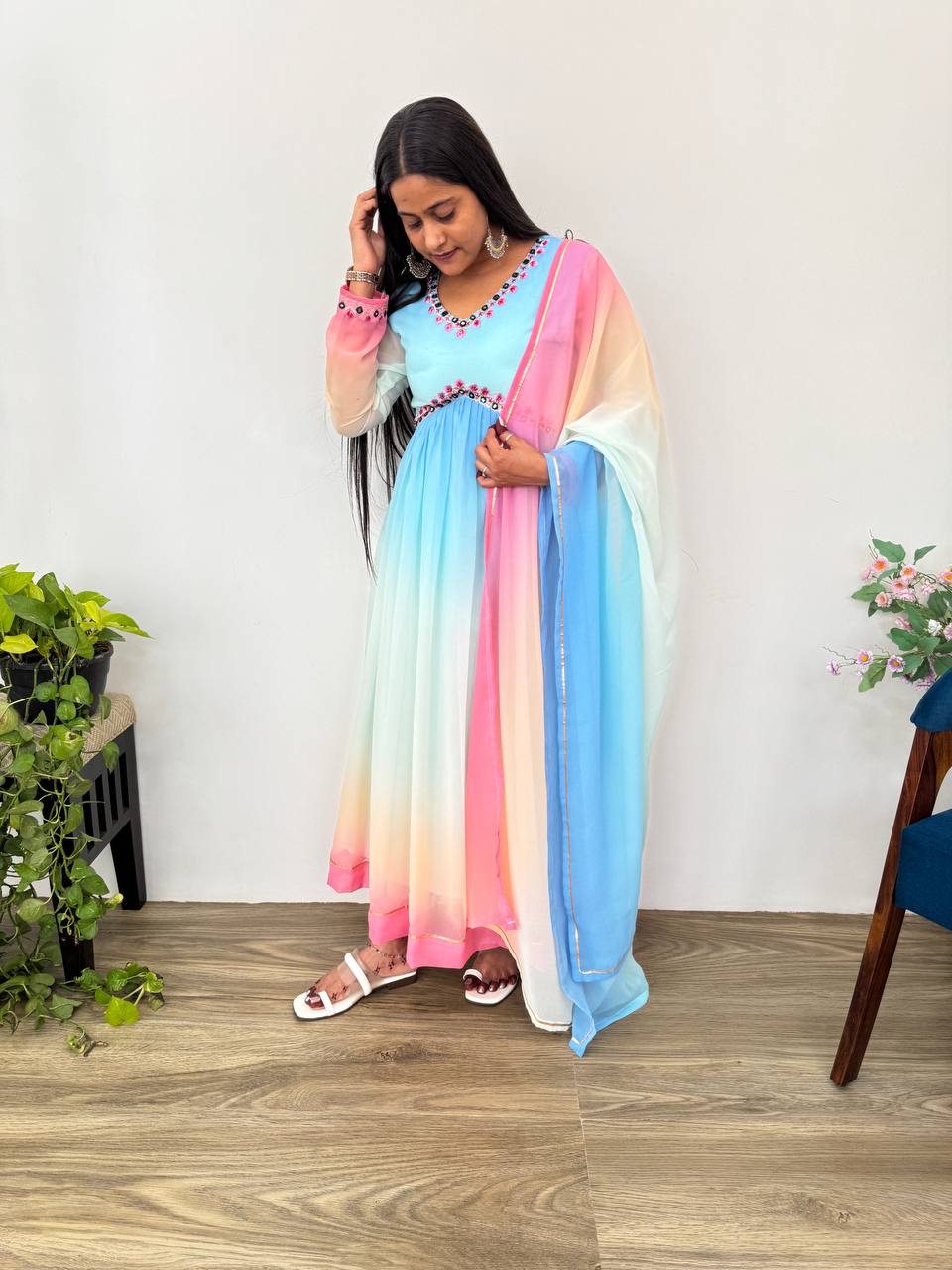 Multi Color Long Anarkali Flared Gown Set