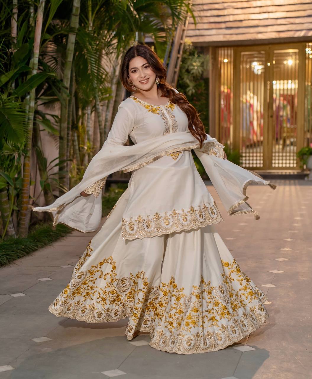 French Crepe Sharara Set, Embroidered Sharara Plazzo, Heavy Work Kurti Set, Designer Sharara Dress, Fully Flared Plazzo Suit, Ready to Wear Ethnic Set, Heavy Embroidery Sequence Suit, Stylish Party Wear Suit, Full Sleeve Kurti Design, Elegant Dupatta Suit Set, Fancy Sharara Dress 2025, Indian Traditional Outfit, Micro Cotton Inner Suit, Latest Ethnic Wear for Women, Wedding Wear Sharara Suit