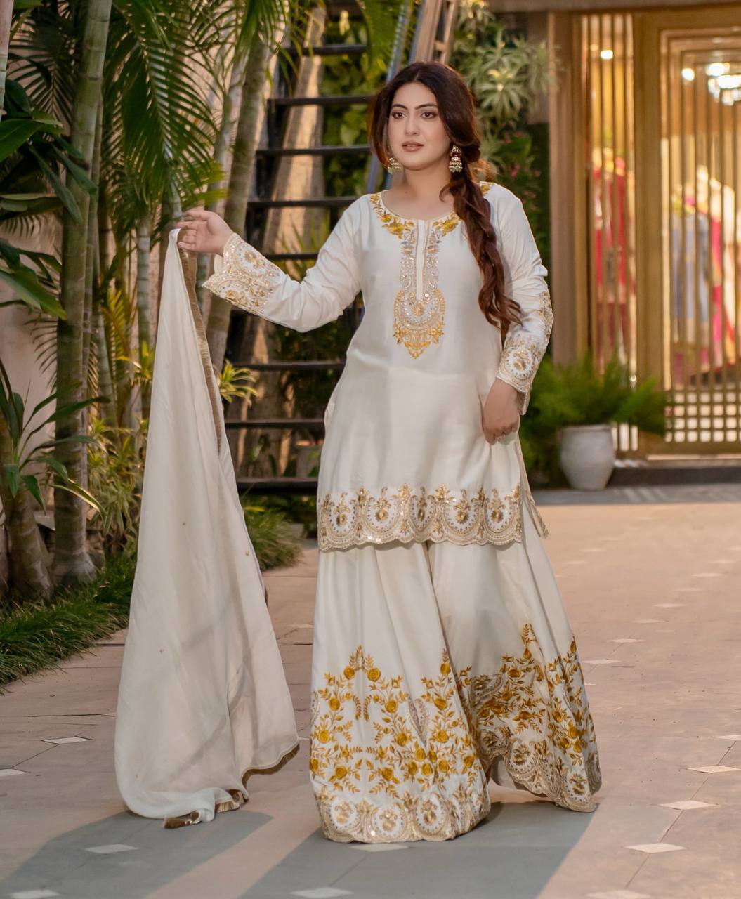 French Crepe Sharara Set, Embroidered Sharara Plazzo, Heavy Work Kurti Set, Designer Sharara Dress, Fully Flared Plazzo Suit, Ready to Wear Ethnic Set, Heavy Embroidery Sequence Suit, Stylish Party Wear Suit, Full Sleeve Kurti Design, Elegant Dupatta Suit Set, Fancy Sharara Dress 2025, Indian Traditional Outfit, Micro Cotton Inner Suit, Latest Ethnic Wear for Women, Wedding Wear Sharara Suit