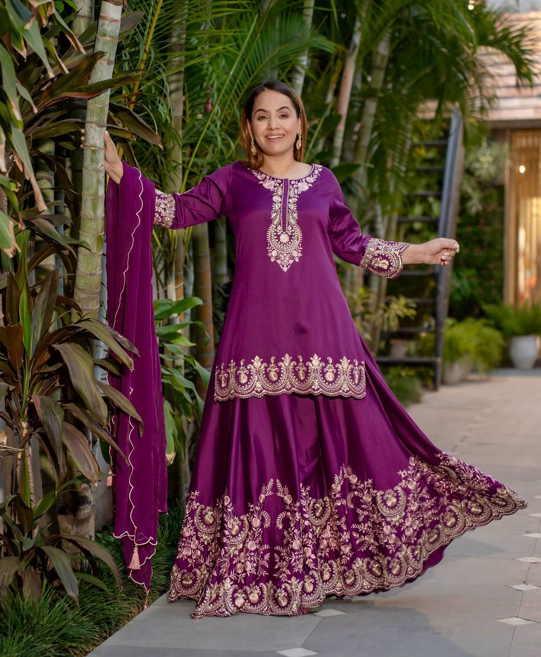 French Crepe Sharara Set, Embroidered Sharara Plazzo, Heavy Work Kurti Set, Designer Sharara Dress, Fully Flared Plazzo Suit, Ready to Wear Ethnic Set, Heavy Embroidery Sequence Suit, Stylish Party Wear Suit, Full Sleeve Kurti Design, Elegant Dupatta Suit Set, Fancy Sharara Dress 2025, Indian Traditional Outfit, Micro Cotton Inner Suit, Latest Ethnic Wear for Women, Wedding Wear Sharara Suit