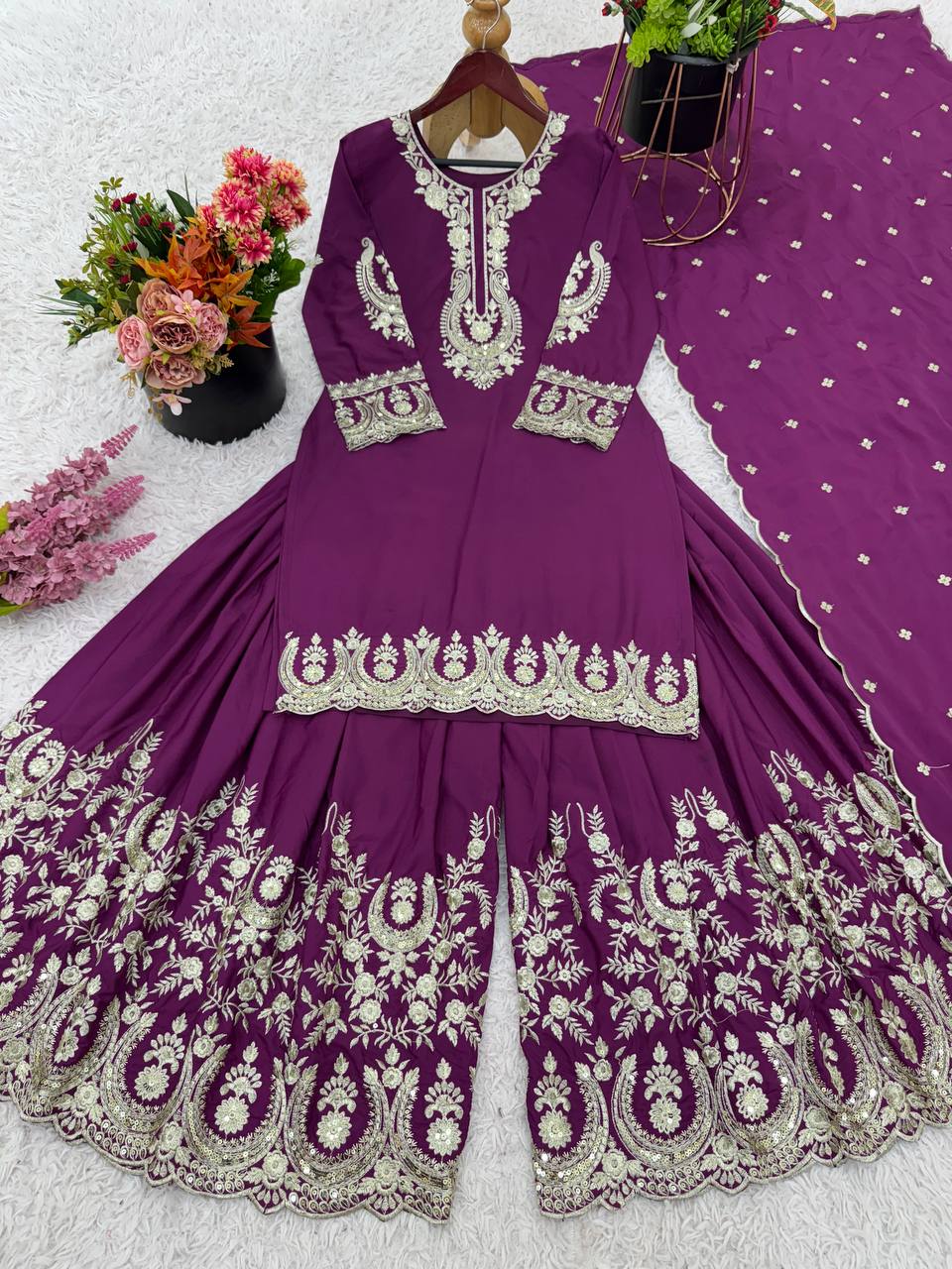 French Crepe Sharara Set, Embroidered Sharara Plazzo, Heavy Work Kurti Set, Designer Sharara Dress, Fully Flared Plazzo Suit, Ready to Wear Ethnic Set, Heavy Embroidery Sequence Suit, Stylish Party Wear Suit, Full Sleeve Kurti Design, Elegant Dupatta Suit Set, Fancy Sharara Dress 2025, Indian Traditional Outfit, Micro Cotton Inner Suit, Latest Ethnic Wear for Women, Wedding Wear Sharara Suit
