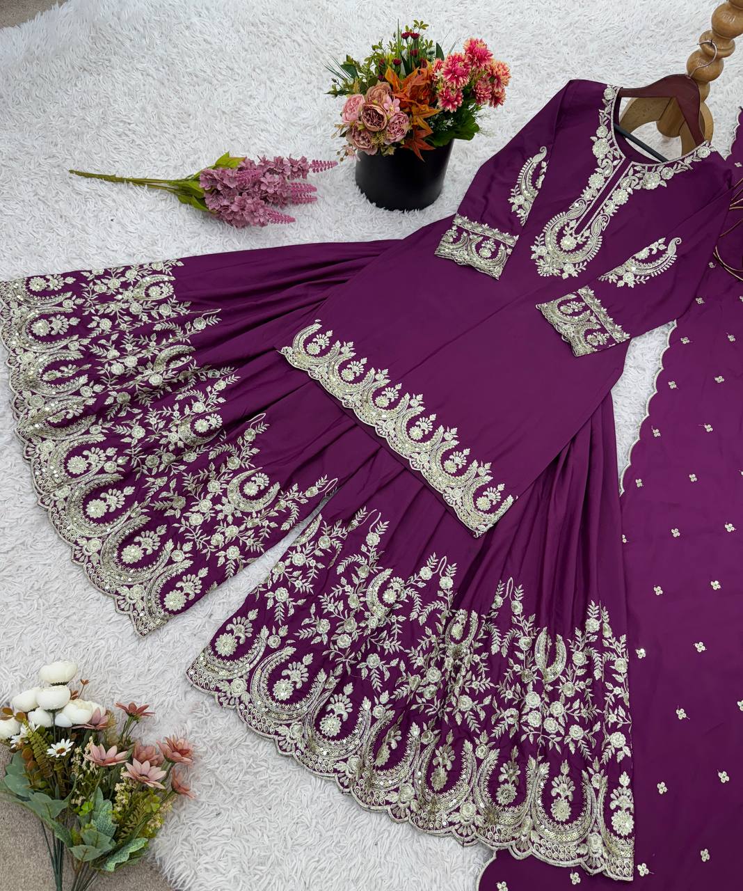 Elegant Silk Sharara Kurti Set with Dupatta Traditional Outfit