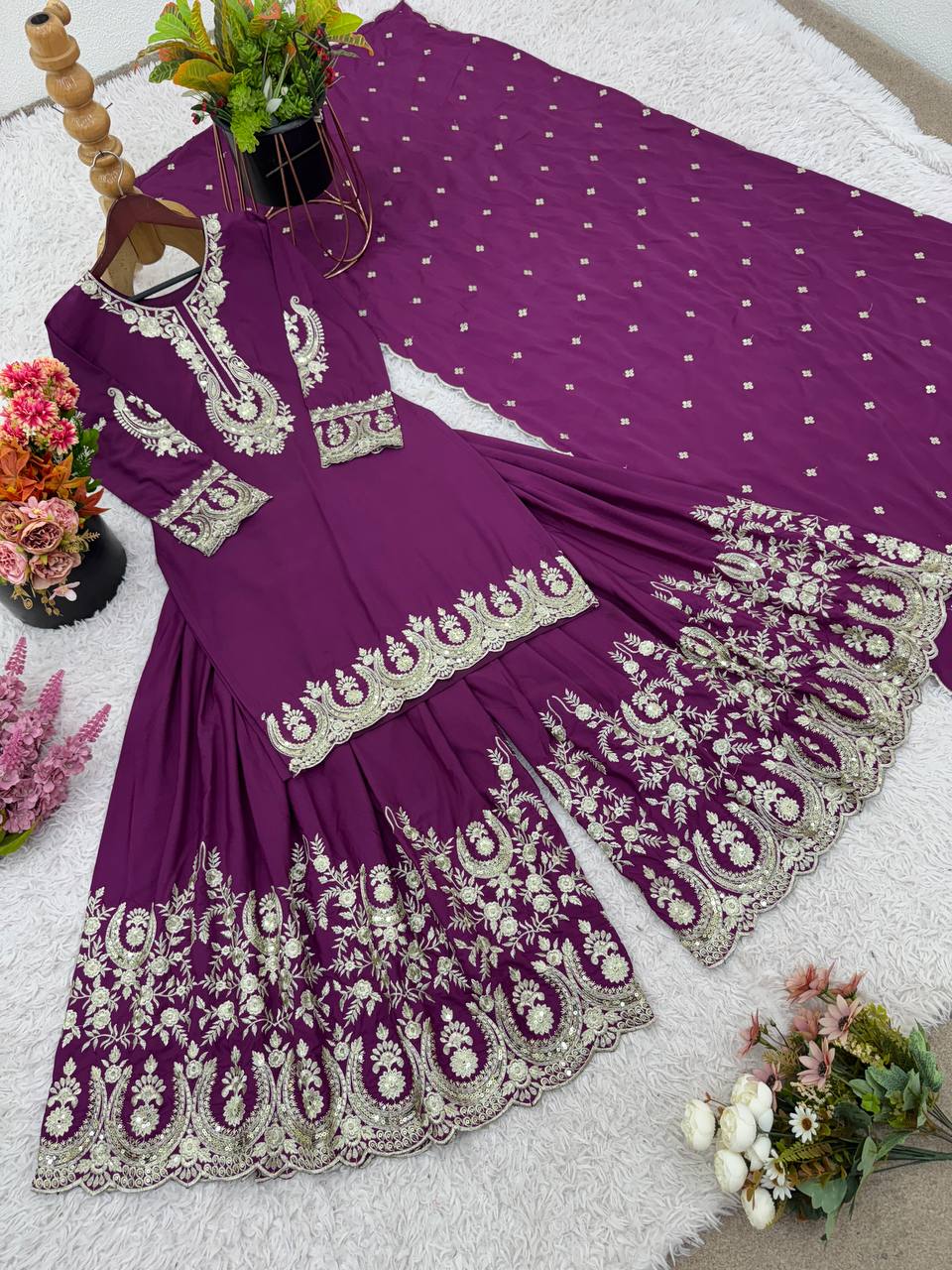 French Crepe Sharara Set, Embroidered Sharara Plazzo, Heavy Work Kurti Set, Designer Sharara Dress, Fully Flared Plazzo Suit, Ready to Wear Ethnic Set, Heavy Embroidery Sequence Suit, Stylish Party Wear Suit, Full Sleeve Kurti Design, Elegant Dupatta Suit Set, Fancy Sharara Dress 2025, Indian Traditional Outfit, Micro Cotton Inner Suit, Latest Ethnic Wear for Women, Wedding Wear Sharara Suit