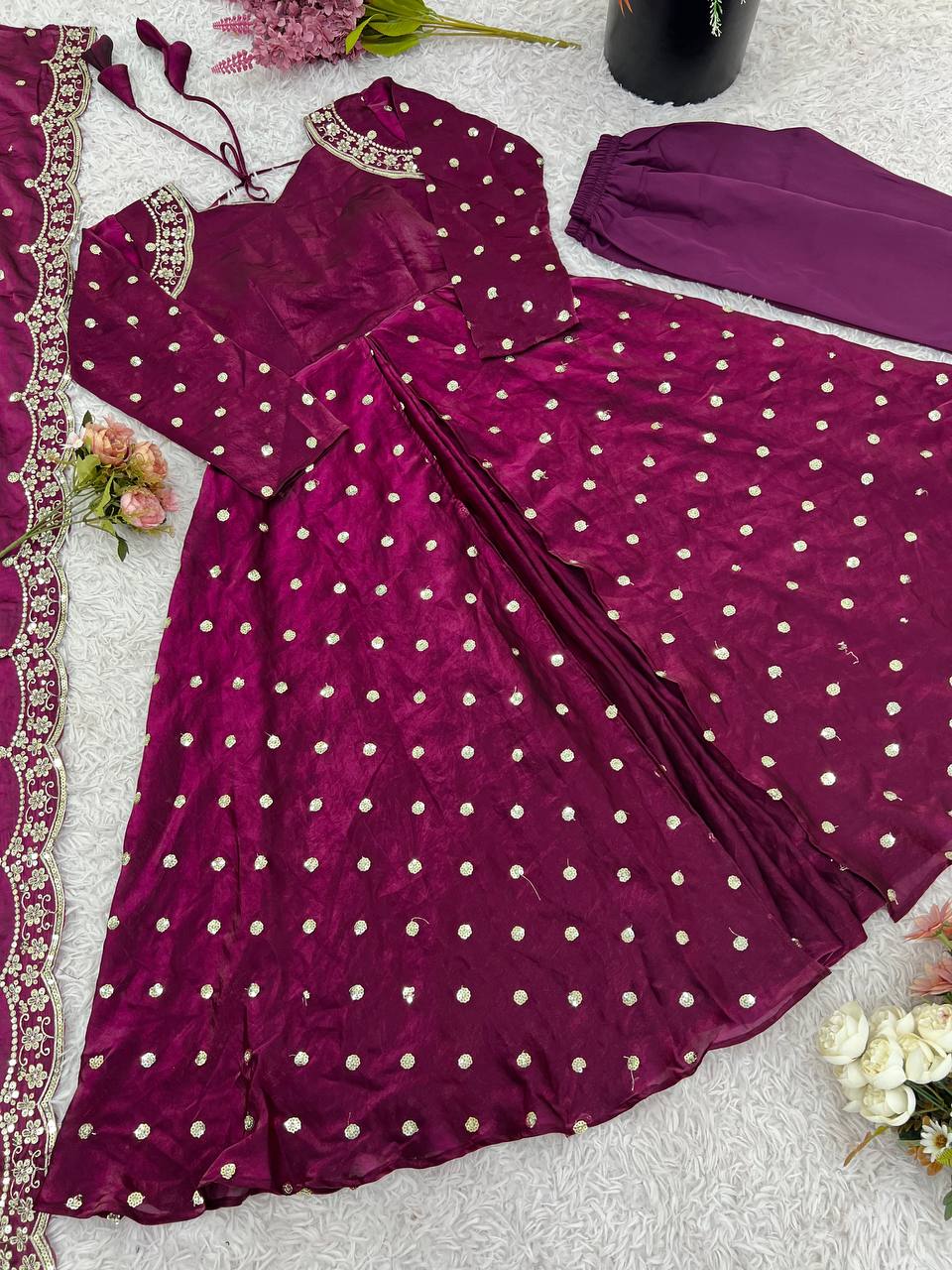 Stylish Ethnic Gown Set with Pant & Dupatta Anarkali