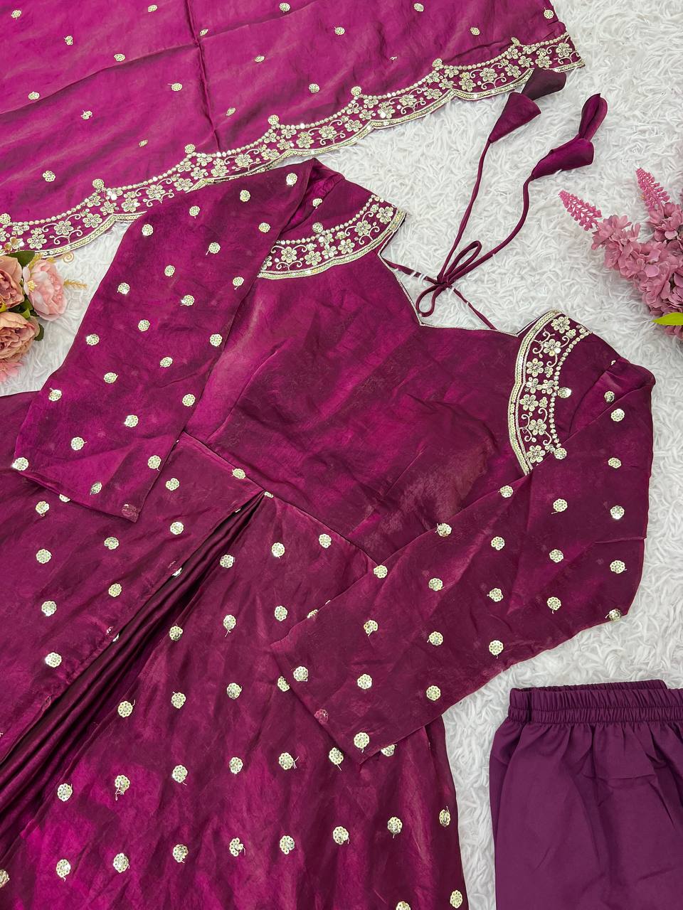 Stylish Ethnic Gown Set with Pant & Dupatta Anarkali