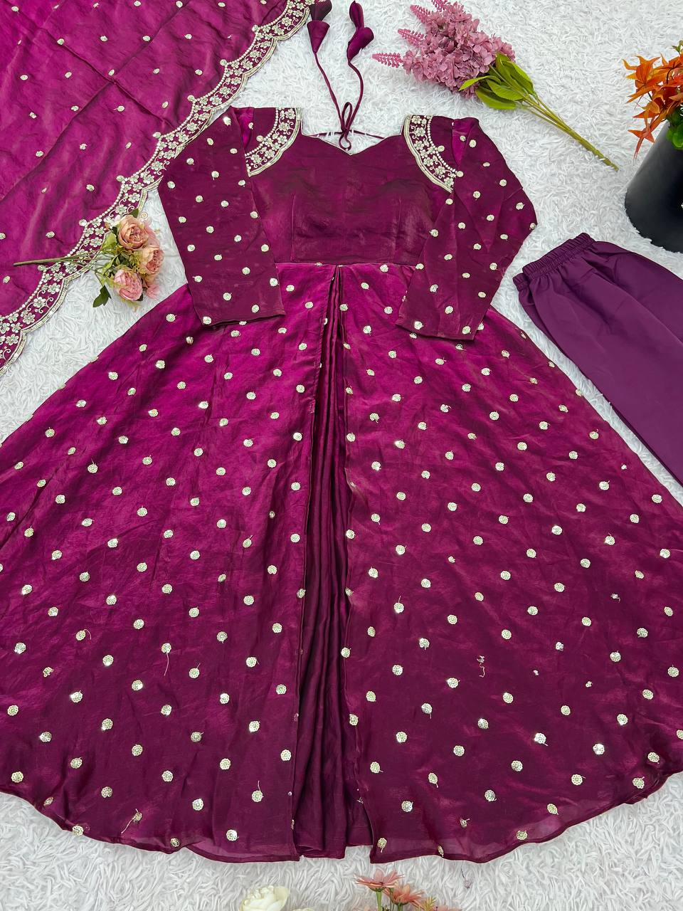 Stylish Ethnic Gown Set with Pant & Dupatta Anarkali