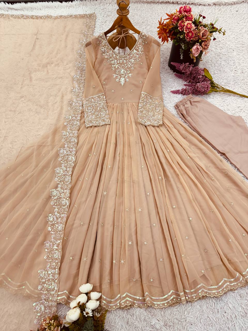 Stylish Ethnic Gown Set with Pant & Dupatta Anarkali