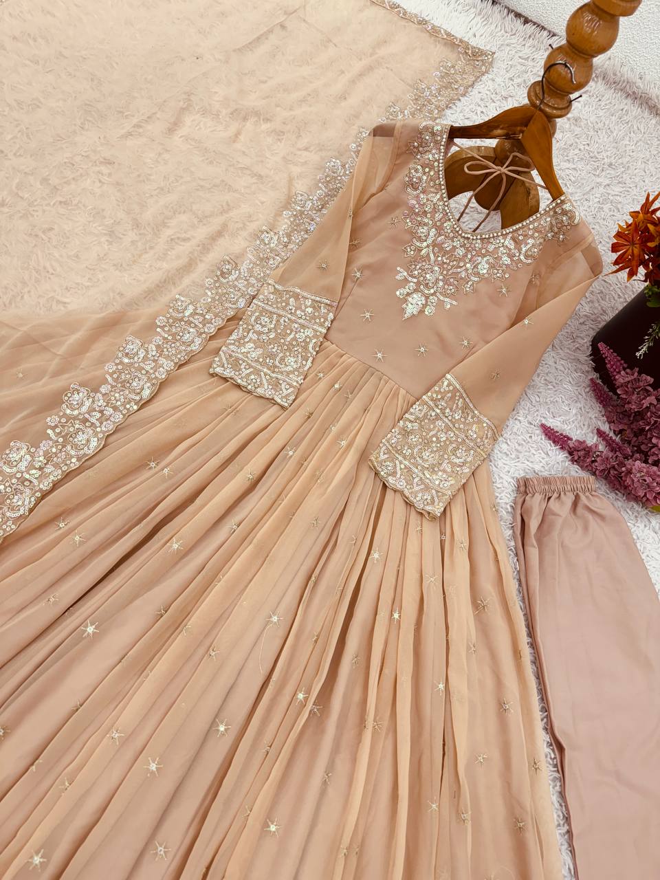 Stylish Ethnic Gown Set with Pant & Dupatta Anarkali