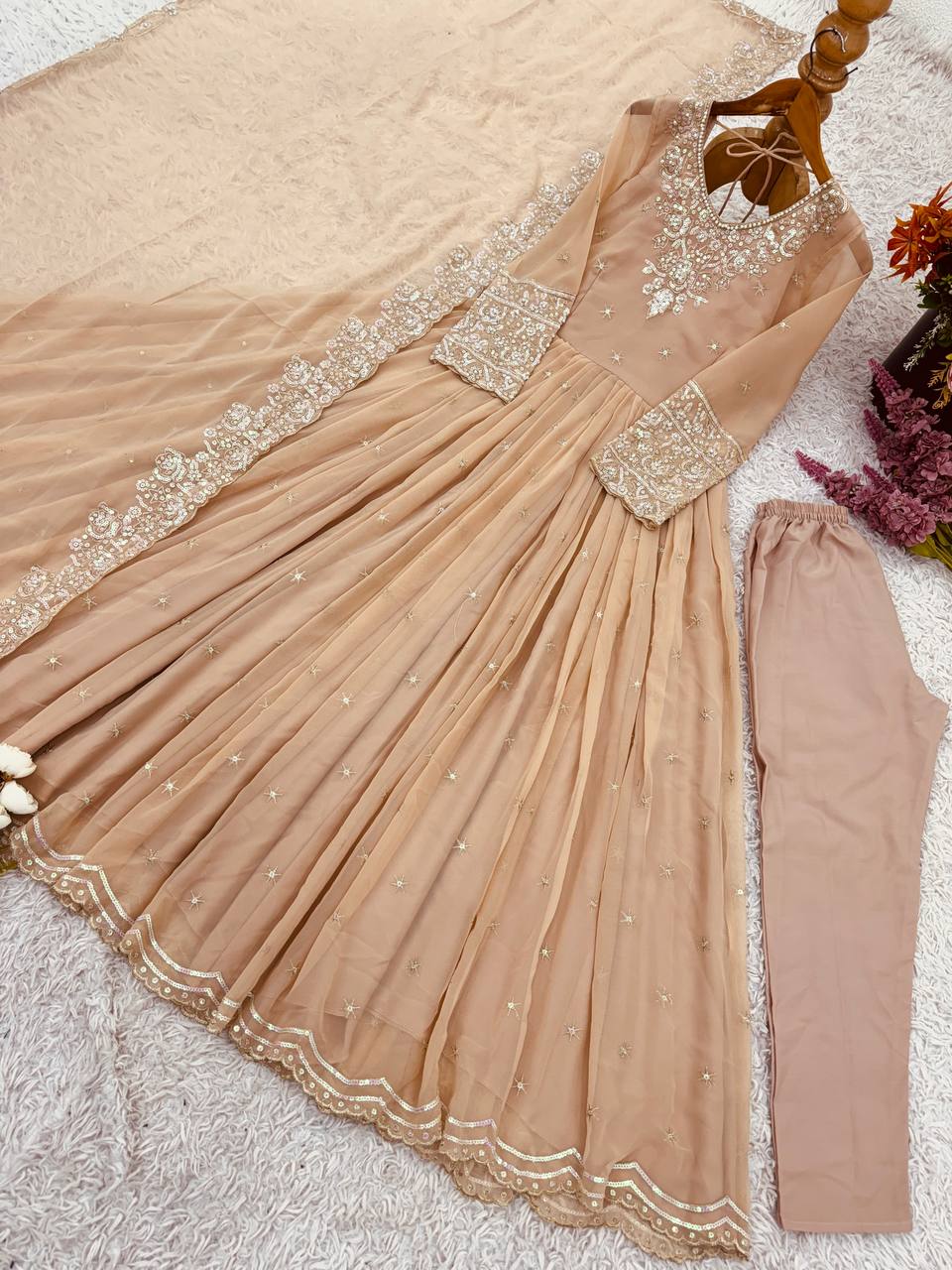 Stylish Ethnic Gown Set with Pant & Dupatta Anarkali