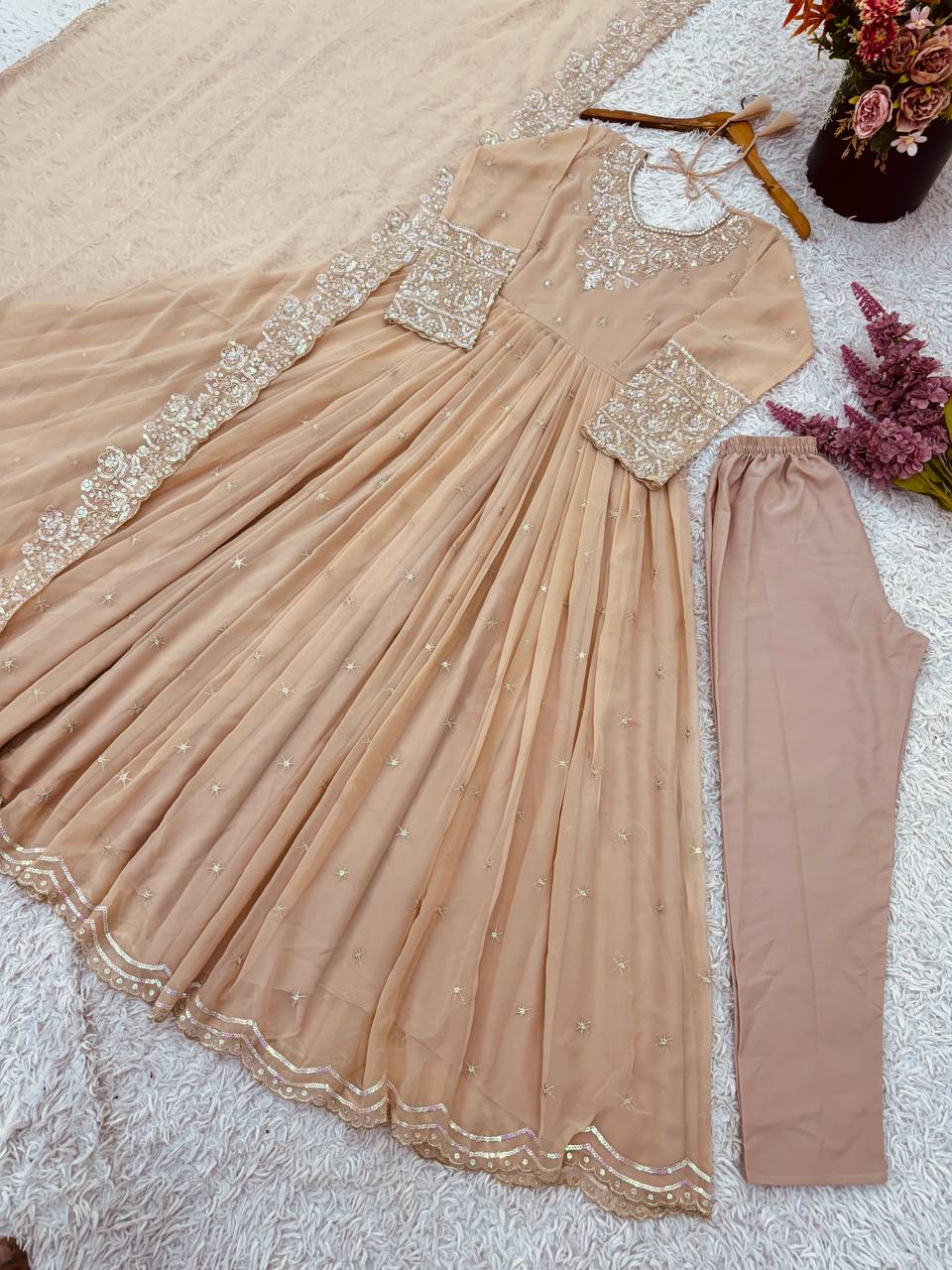 Stylish Ethnic Gown Set with Pant & Dupatta Anarkali
