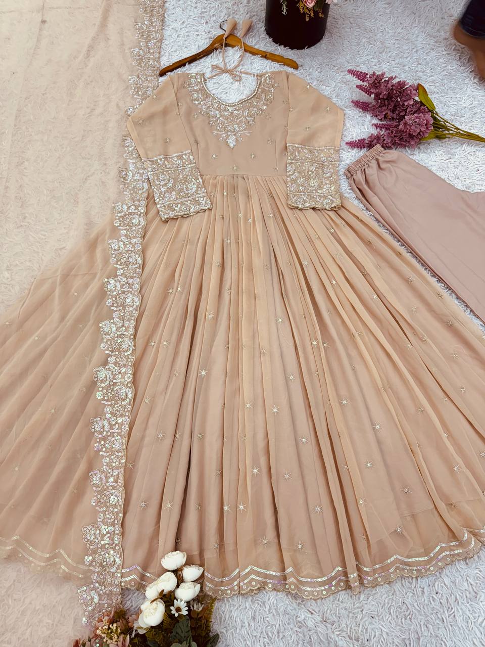 Stylish Ethnic Gown Set with Pant & Dupatta Anarkali
