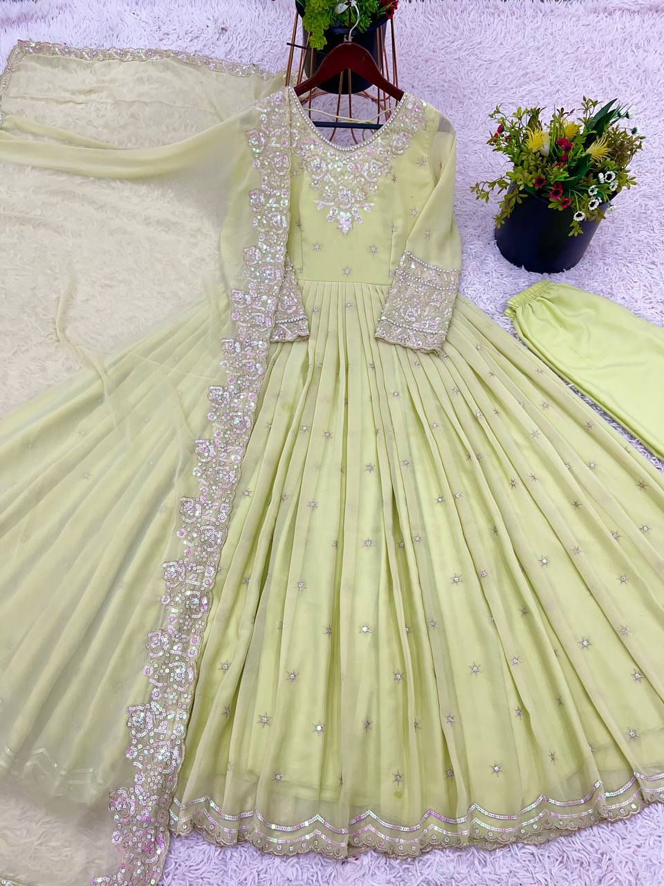 Stylish Ethnic Gown Set with Pant & Dupatta Anarkali