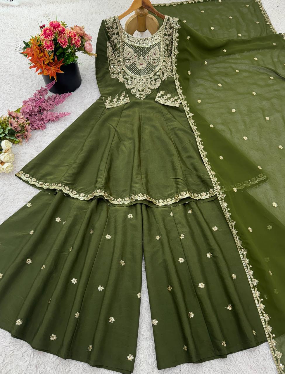 Sharara Suit Set, Simar Silk Sharara Dress, Embroidery Sequence Outfit, Ready to Wear Sharara Set, Designer Indian Suit, Kali Cut Sharara Dress, Elegant Party Wear, Festive Wear for Women, Heavy Georgette Dupatta Suit, Fully Stitched Kurti Set, Traditional Sharara Suit, Stylish Ethnic Outfit, Embroidered Suit Set 2025, Comfortable Indian Wear, Full Sleeve Sharara Dress,