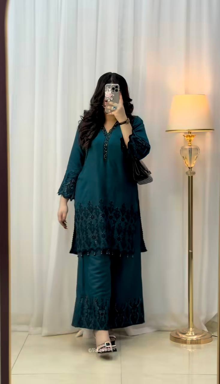 Long Ethnic Green straight Kurti Set