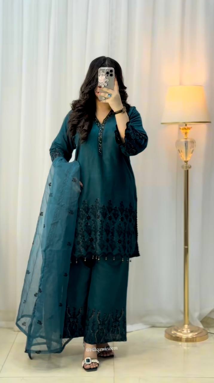 Long Ethnic Green straight Kurti Set