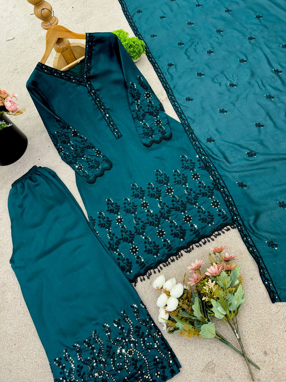 Long Ethnic Green straight Kurti Set