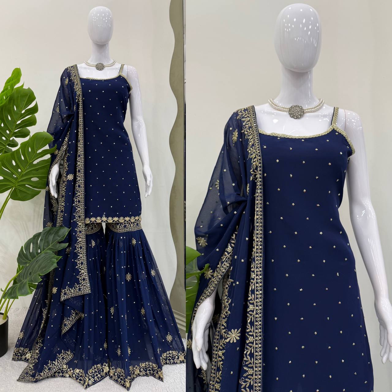Premium Sequence Work Blue Sharara Suit