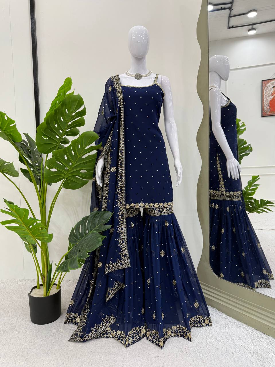Premium Sequence Work Blue Sharara Suit