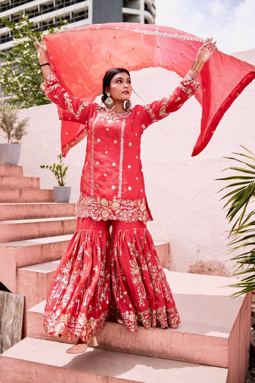 Elegant Heavy Red Designer Sharara Suit