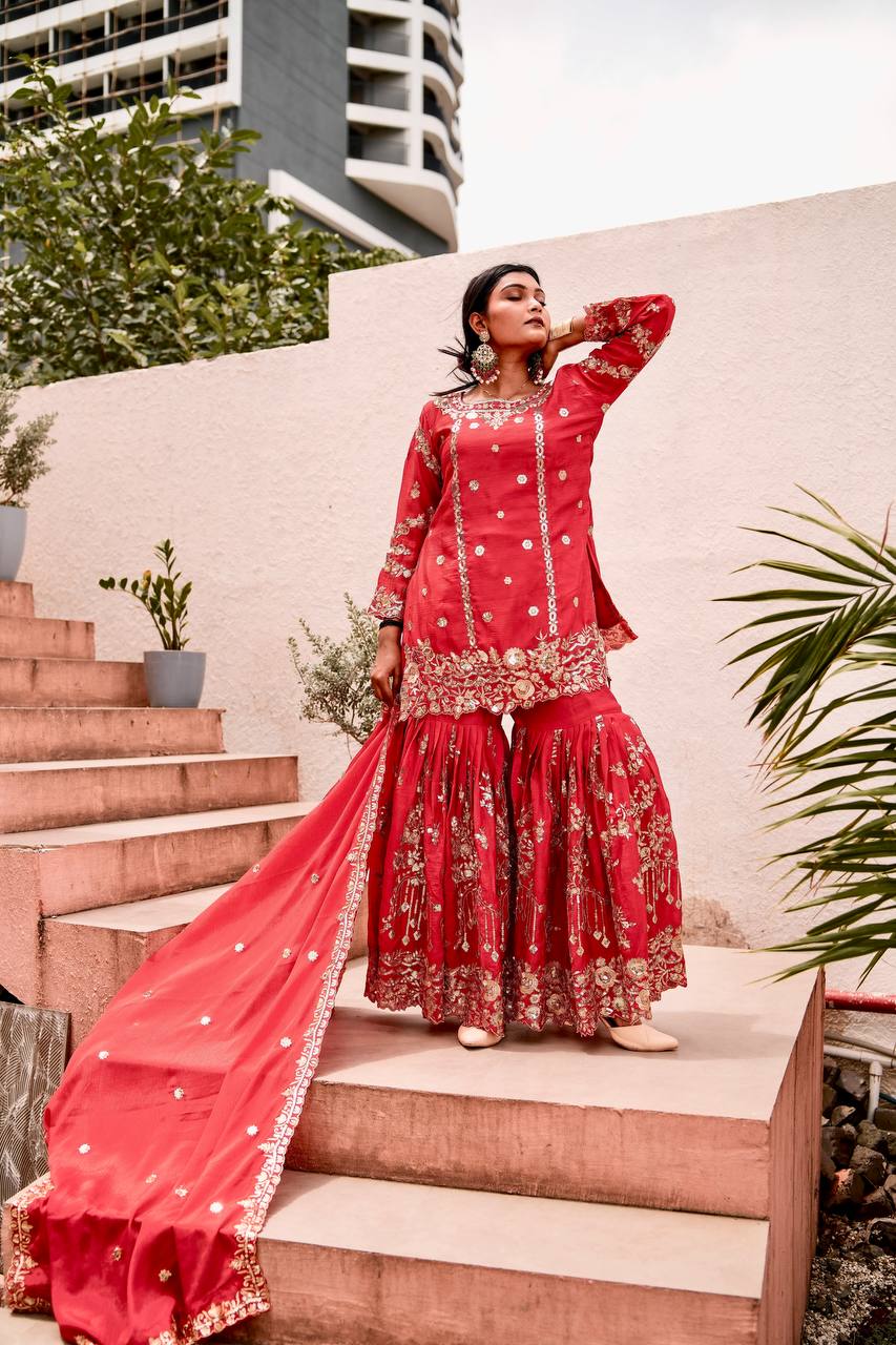Elegant Heavy Red Designer Sharara Suit