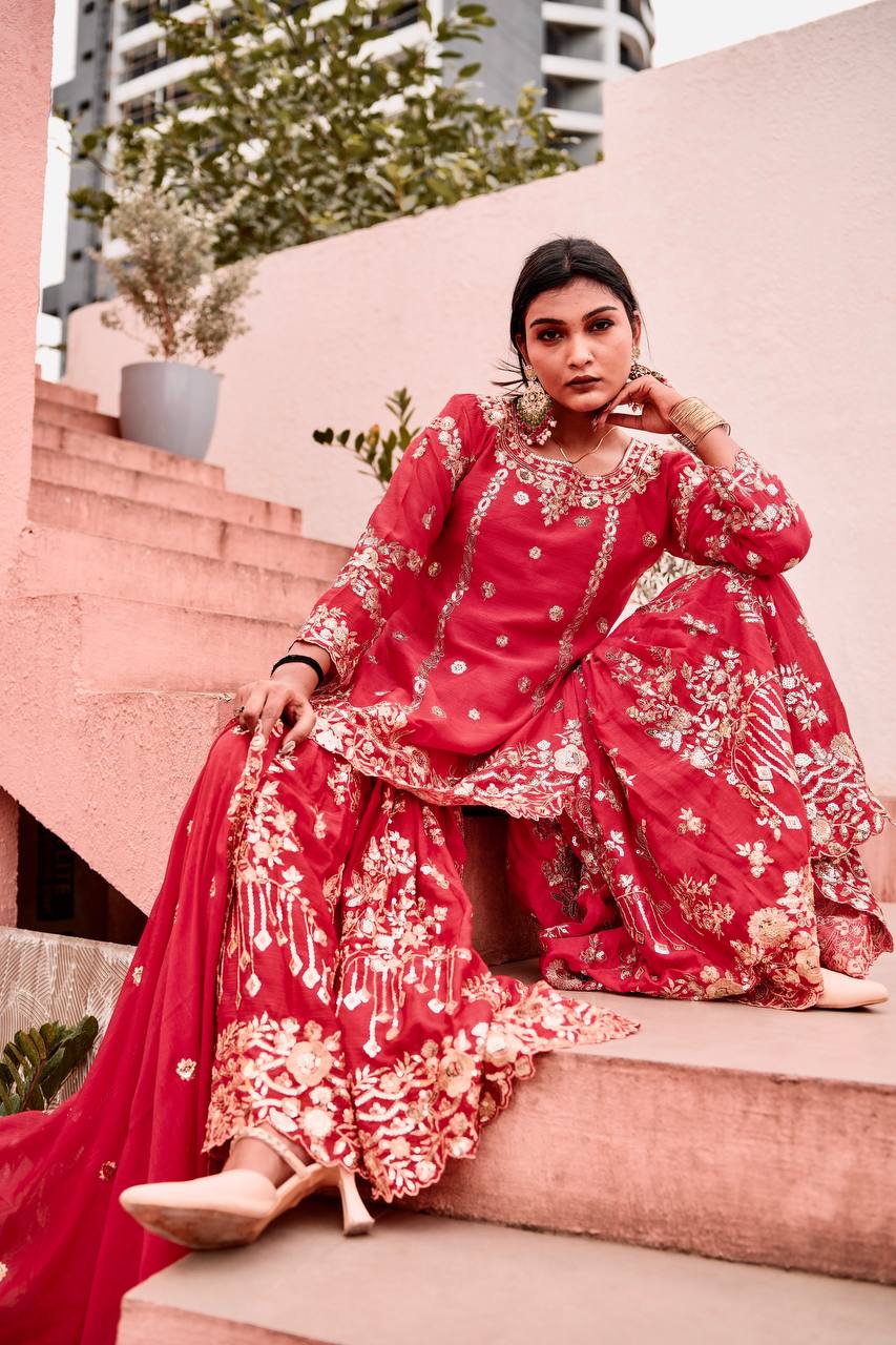 Elegant Heavy Red Designer Sharara Suit