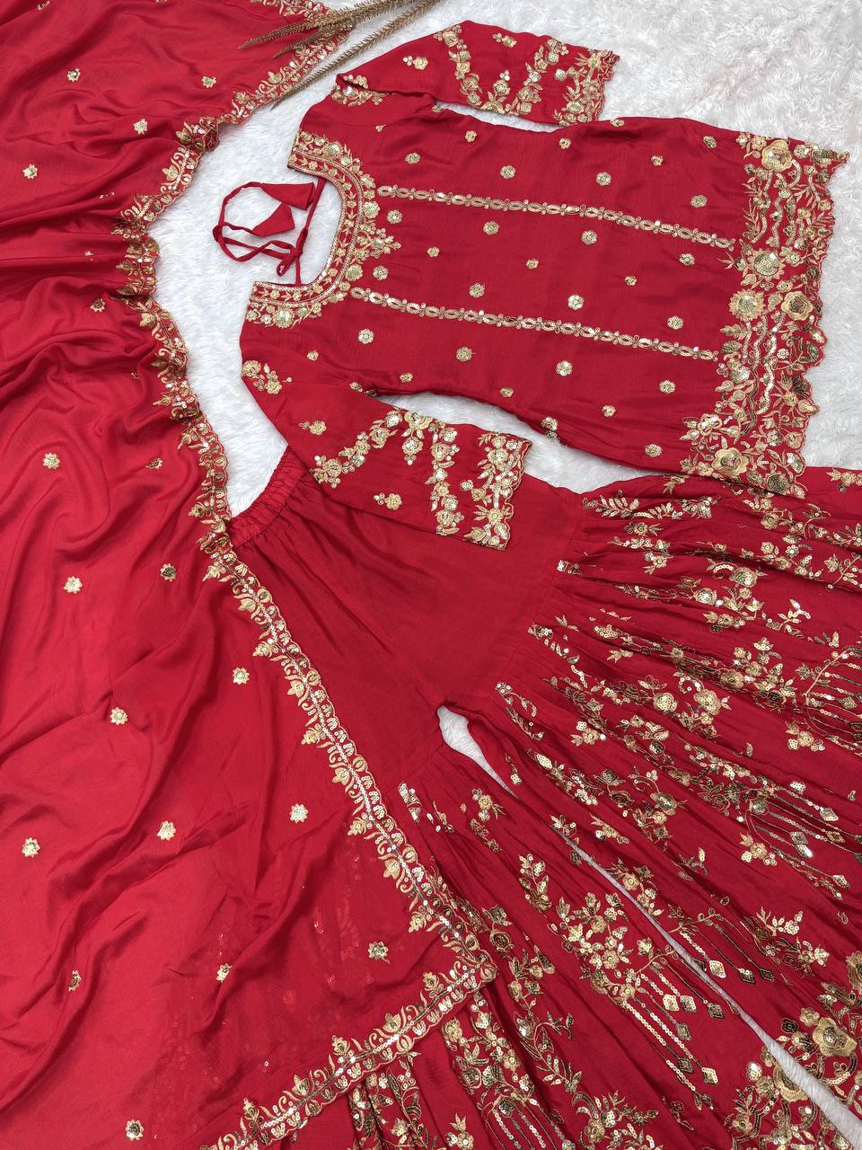 Elegant Heavy Red Designer Sharara Suit
