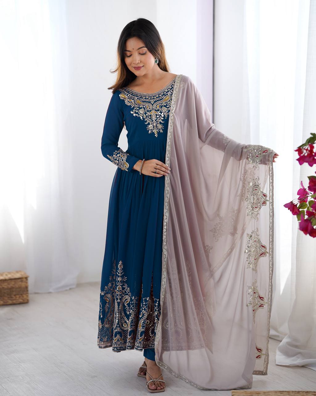 Multi Color Solid Georgette Flared Long Anarkali Gown Set
