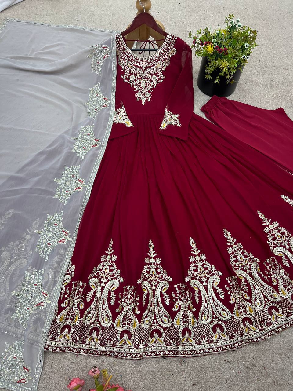Multi Color Solid Georgette Flared Long Anarkali Gown Set