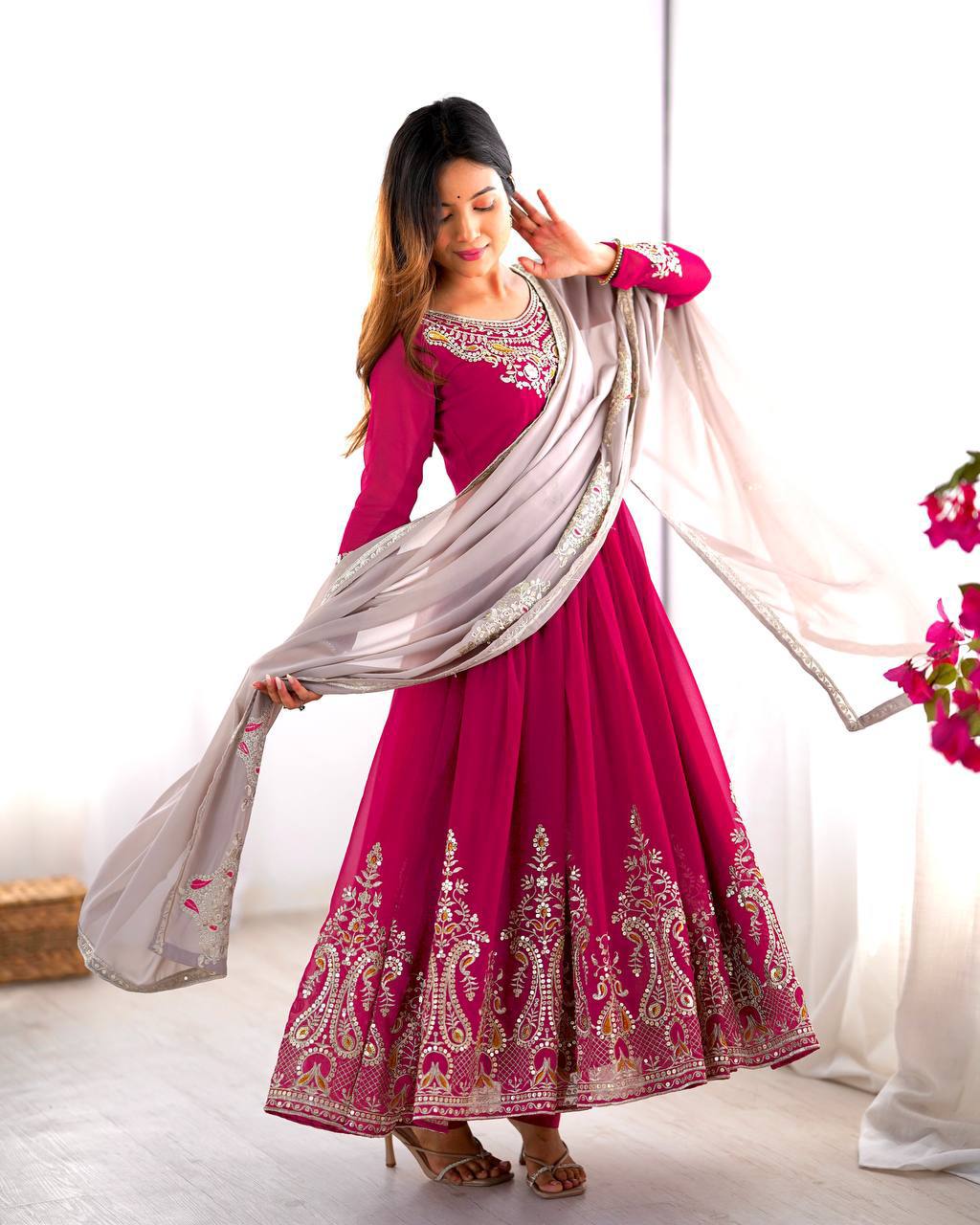 Multi Color Solid Georgette Flared Long Anarkali Gown Set