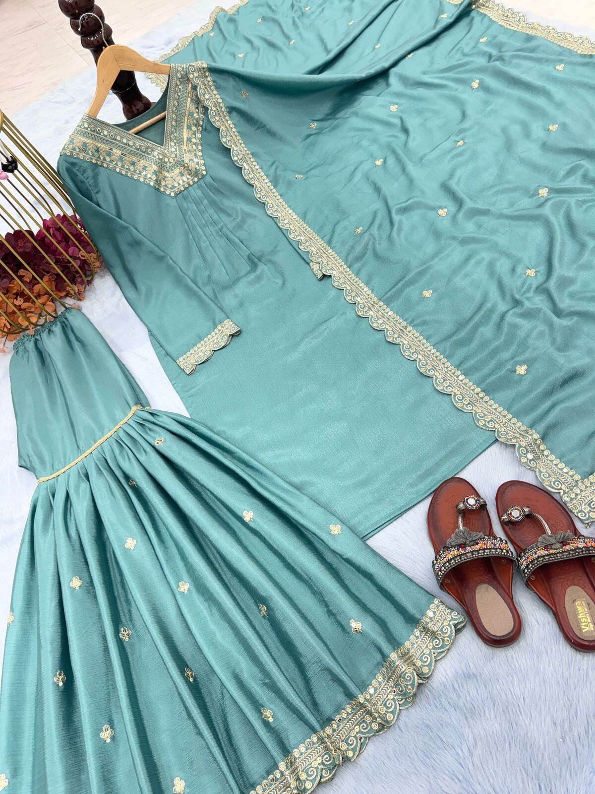 Pakistani Straight Georgette Kurti With Sharara Wedding Special Salwar Suit 3Pc