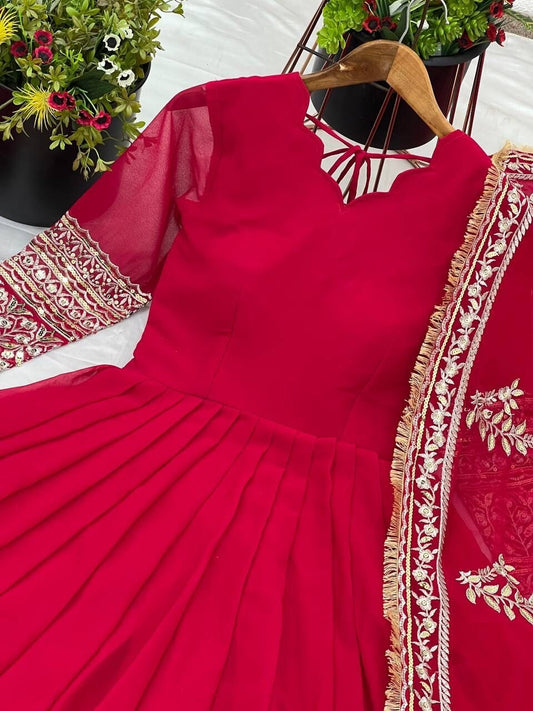Red Anarkali Gown Set, Chinon Silk Dupatta Dress, Bollywood Style Wedding Gown, Indian Wedding Gown Set, Pakistani Eid Outfit for Women, Embroidered Gown with Pants, Ready to Wear Ethnic Dress, Anarkali Gown with Sequence Work, 3 Piece Wedding Dress Set, Heavy Micro Cotton Inner Gown, Scoop Neck Anarkali Suit, Stylish Party Wear Gown Set, Traditional Indian Outfit for Women, Festive Wear Ethnic Gown, Full Stitched Gown Set,