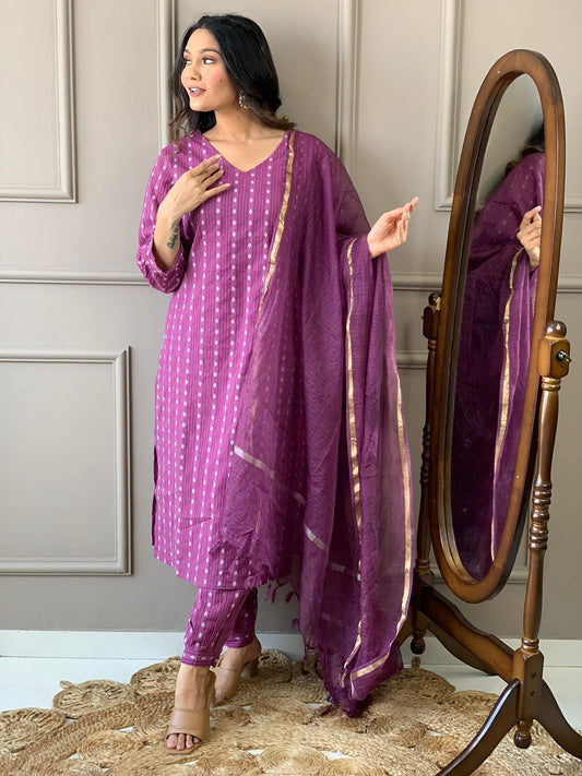 plum kurti set,purple salwar kameez,cotton kurti pant set,printed kurti design,women ethnic wear,purple cotton suit,indian traditional dress,kurti with dupatta,pakistani style kurti,casual wear kurti,office wear ethnic set,v-neck kurti set,lightweight kurti for summer,indian cotton outfit,trendy salwar kameez,purple ethnic outfit,ready to wear kurti,cotton suit for women,handcrafted cotton dress,purple kurti for women,everyday wear ethnic set,soft cotton salwar kameez,three piece suit set,women kurti latest