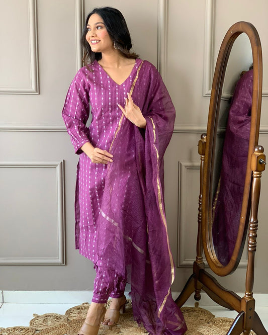 plum kurti set,purple salwar kameez,cotton kurti pant set,printed kurti design,women ethnic wear,purple cotton suit,indian traditional dress,kurti with dupatta,pakistani style kurti,casual wear kurti,office wear ethnic set,v-neck kurti set,lightweight kurti for summer,indian cotton outfit,trendy salwar kameez,purple ethnic outfit,ready to wear kurti,cotton suit for women,handcrafted cotton dress,purple kurti for women,everyday wear ethnic set,soft cotton salwar kameez,three piece suit set,women kurti latest