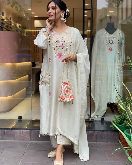 white floral kurti,white embroidery kurti,embroidered white kurta,white kurti set,rayon kurti with pant,white kurti with dupatta,sequence work kurti,white ethnic wear,floral embroidery kurta,party wear white kurti,designer white suit set,white kurta for women,white festival outfit,rayon embroidered kurti,white kurti with kodi work,elegant white outfit,front embroidery kurta,stylish white kurti,lace dupatta set,white kurti with chinnon dupatta,white kurti with pocket,three piece white suit,kodi work kurti se