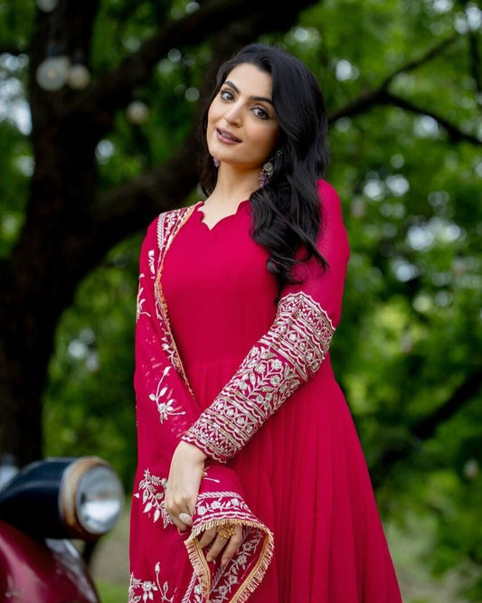 Red Anarkali Gown Set, Chinon Silk Dupatta Dress, Bollywood Style Wedding Gown, Indian Wedding Gown Set, Pakistani Eid Outfit for Women, Embroidered Gown with Pants, Ready to Wear Ethnic Dress, Anarkali Gown with Sequence Work, 3 Piece Wedding Dress Set, Heavy Micro Cotton Inner Gown, Scoop Neck Anarkali Suit, Stylish Party Wear Gown Set, Traditional Indian Outfit for Women, Festive Wear Ethnic Gown, Full Stitched Gown Set,