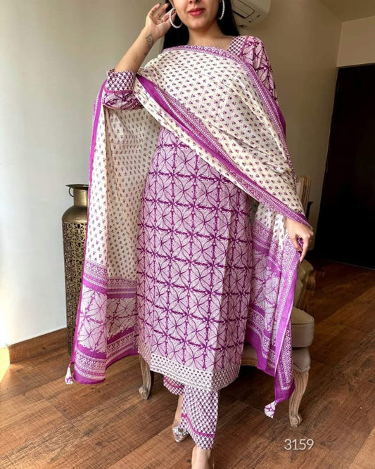 light purple kurti,purple cotton kurta set,printed cotton kurti,soft cotton kurti set,cigarette pant suit,cotton kurti with dupatta,purple ethnic wear,crocia lace kurti,gotta lace kurta set,three piece kurti set,light purple salwar kameez,pastel color kurti,cotton printed kurta set,stylish ethnic wear for women,simple kurti with dupatta,printed kurta pant set,daily wear kurti set,elegant festive kurti,cotton suit set for summer,ready to wear kurta set,traditional cotton outfit,kurti for girls and women,flor