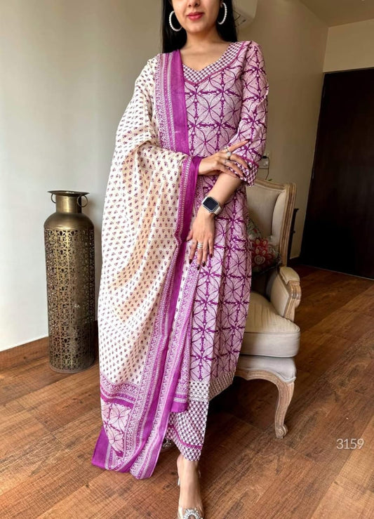 light purple kurti,purple cotton kurta set,printed cotton kurti,soft cotton kurti set,cigarette pant suit,cotton kurti with dupatta,purple ethnic wear,crocia lace kurti,gotta lace kurta set,three piece kurti set,light purple salwar kameez,pastel color kurti,cotton printed kurta set,stylish ethnic wear for women,simple kurti with dupatta,printed kurta pant set,daily wear kurti set,elegant festive kurti,cotton suit set for summer,ready to wear kurta set,traditional cotton outfit,kurti for girls and women,flor