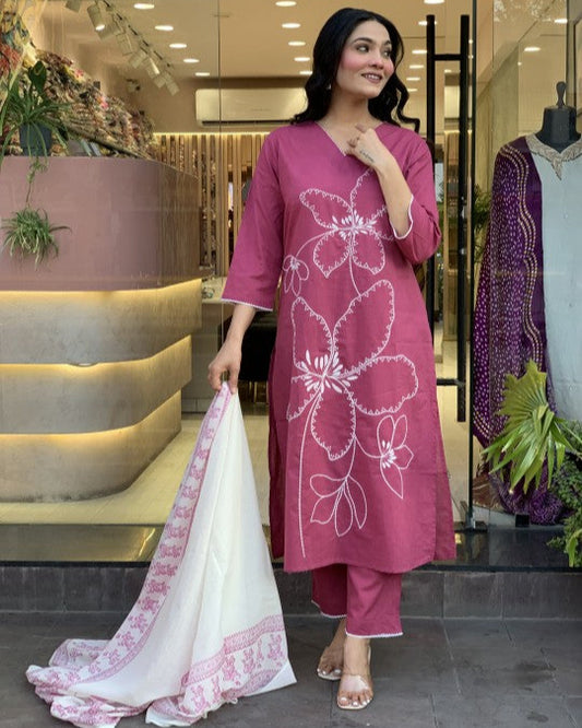 ,pink embroidered suit,cotton kurti pant set,heavy embroidery kurti,lace work salwar kameez,pink ethnic outfit,women kurti with dupatta,three piece suit set,elegant festive wear,stylish pakistani suit,traditional indian dress,v-neck kurti design,floral embroidery kurti,fancy cotton suit,party wear salwar kameez,ethnic wear for women,kurti with matching pant,soft cotton suit set,ready to wear ethnic set,wedding guest outfit,pink color kurti set,premium embroidered kurti,kurti pant dupatta combo,designer kurt