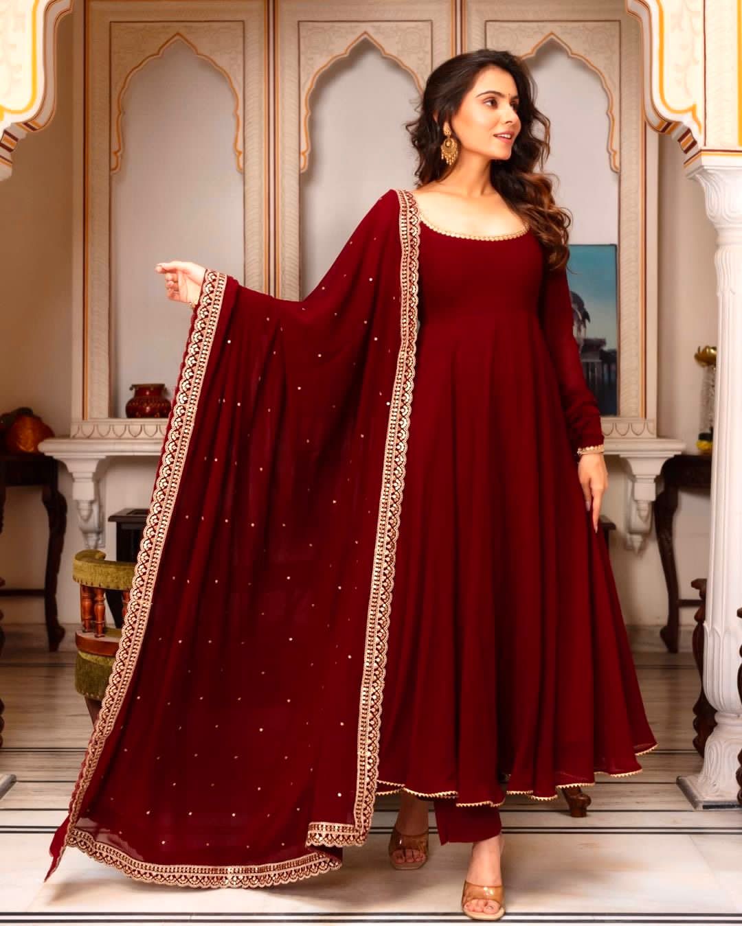 Georgette Embroidered work Long Anarkali Suit 3pc