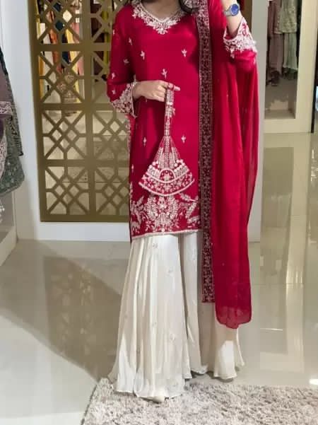 Pure Chinon Silk Embroidered Kurta Palazzo and Dupatta Ser