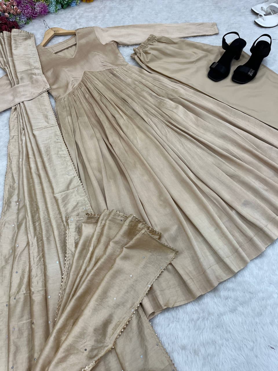 Chanderi Cotton Solid Heavy Anarkali Suit