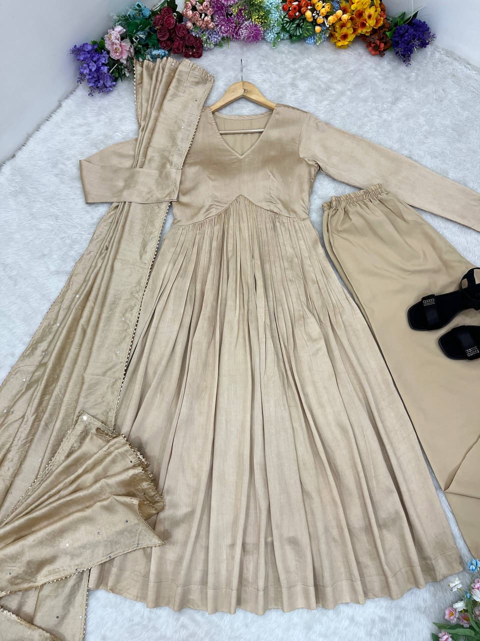 Chanderi Cotton Solid Heavy Anarkali Suit