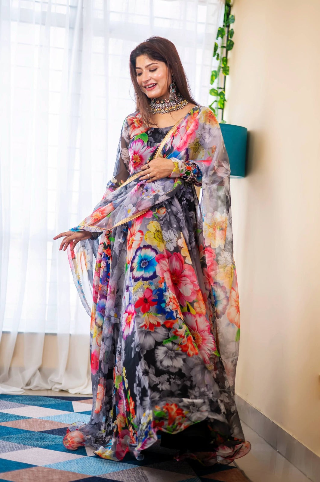 Organza Silk Printed Anarkali Gown Set
