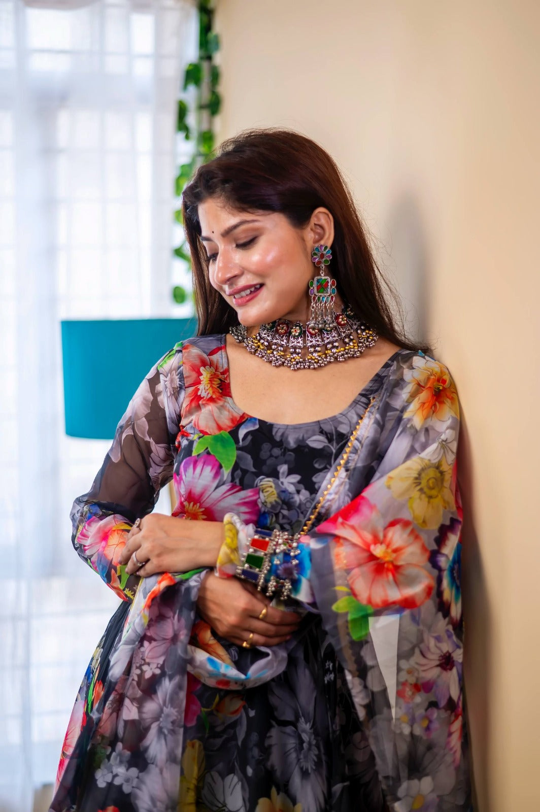 Organza Silk Printed Anarkali Gown Set