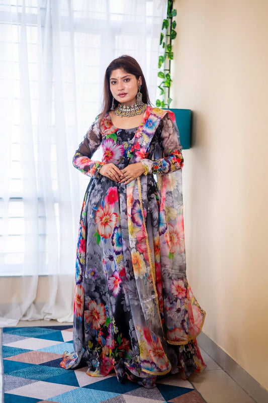 Organza Silk Printed Anarkali Gown Set